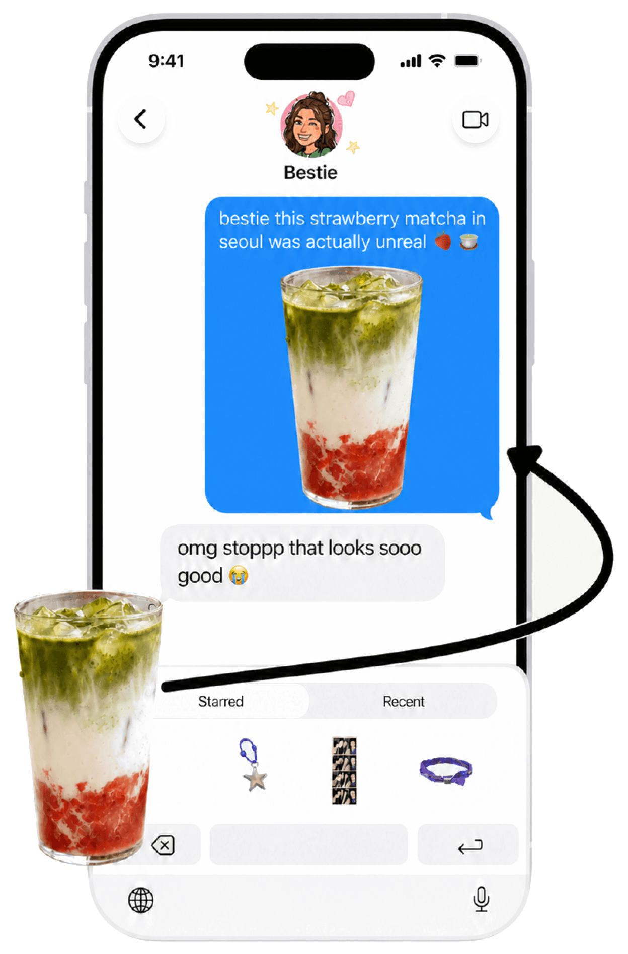 A strawberry matcha shared in Messages with the Pebbles keyboard open below